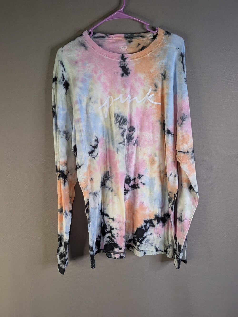 Large PINK Victoria's Secret Tie Dye Long Sleeve Campus Tee-NWT